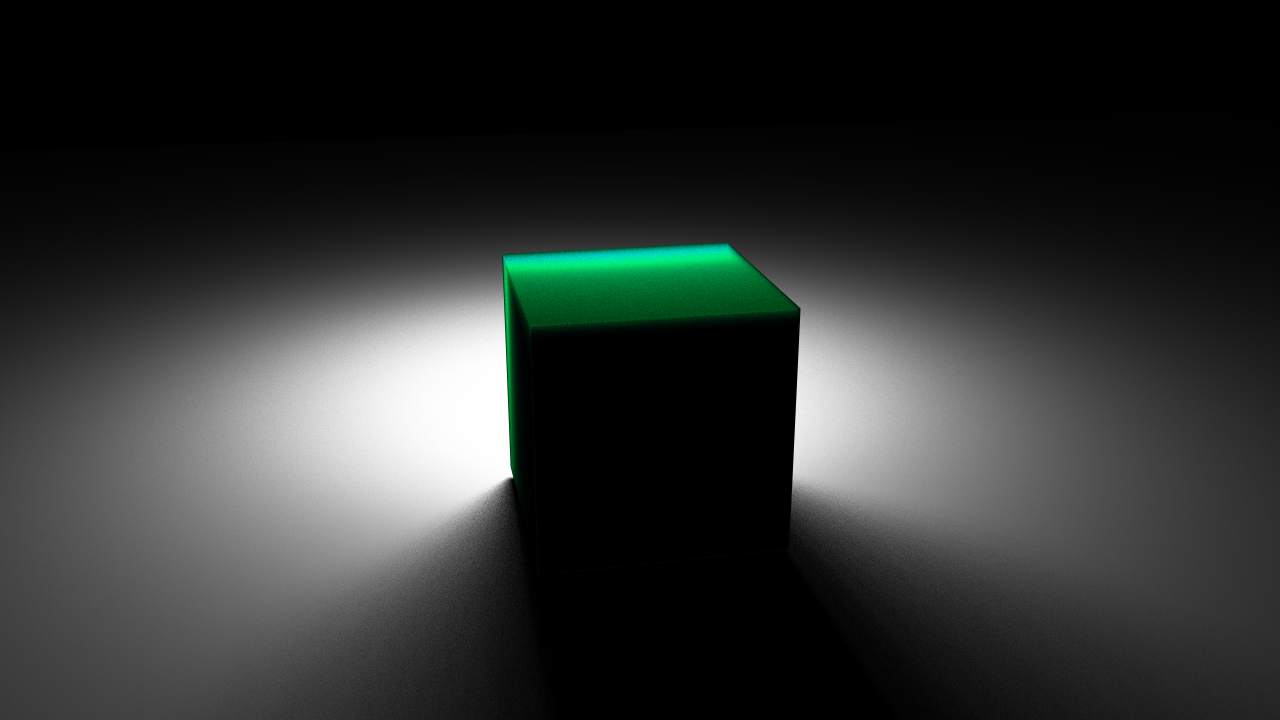 Rendering of a cube model with subsurface scattering enabled, 256 samples. Note that camera is facing to back of the cube model in previous figure