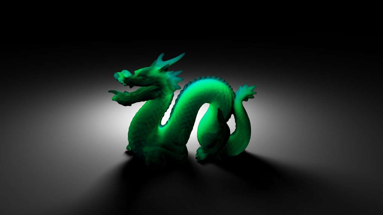 Rendering of dragon model, 1024 samples per pixel and subsurface scattering is enabled. Note that camera is facing to back of the dragon model in previous figure.